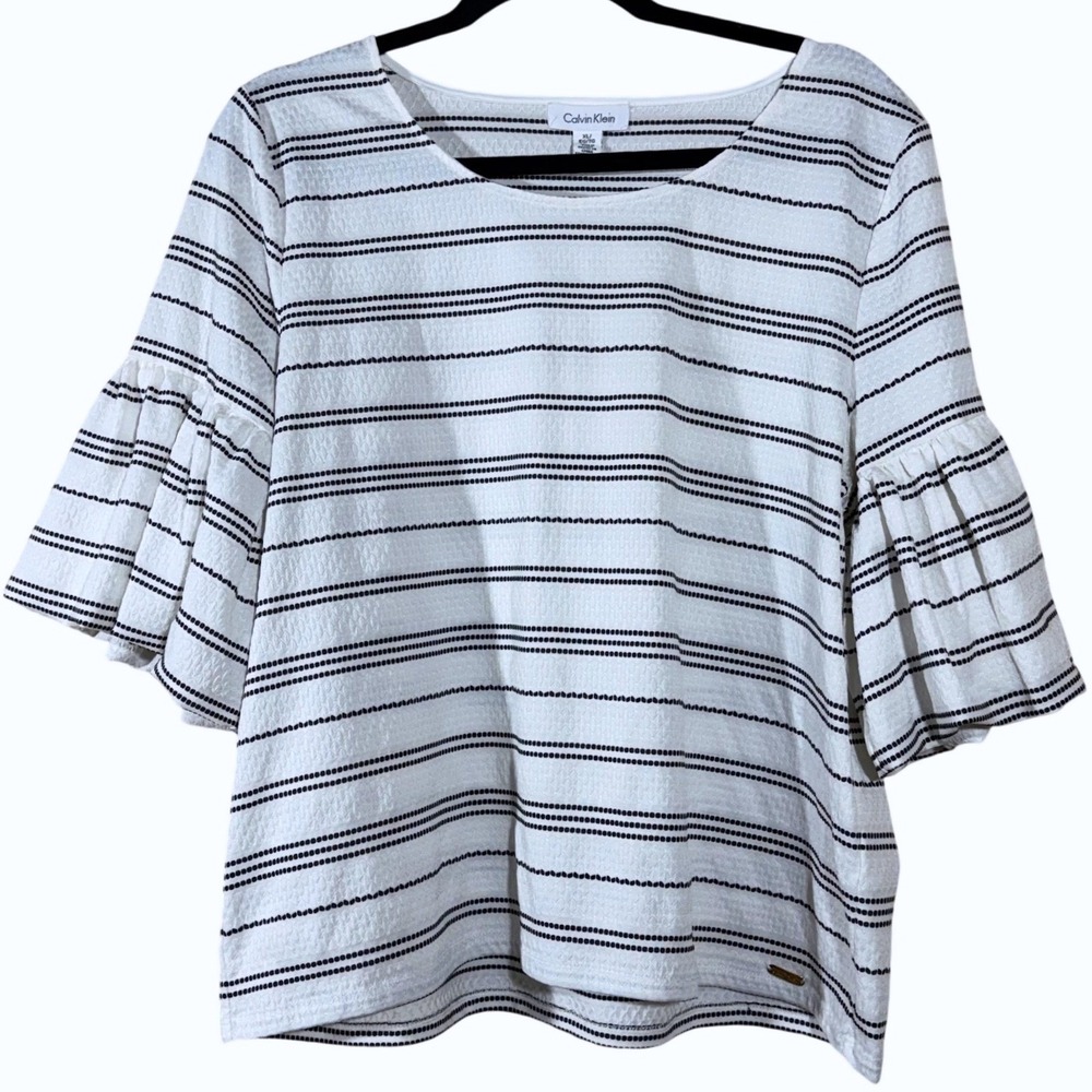 Calvin Klein Women XL Striped Bell Sleeve Blouse White Black Modern Ruffle Top